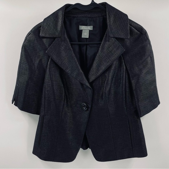 Ann Taylor Black Woven Short Sleeve Tailored Pleated Back Notch Collar Jacket - Picture 1 of 10